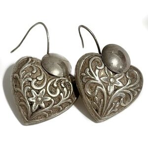 Large Vintage Sterling Silver Puffy Heart Earrings with Filigree design